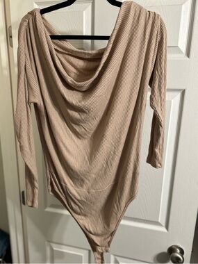 Fashion Nova Beige Ribbed Draped Neck Bodysuit